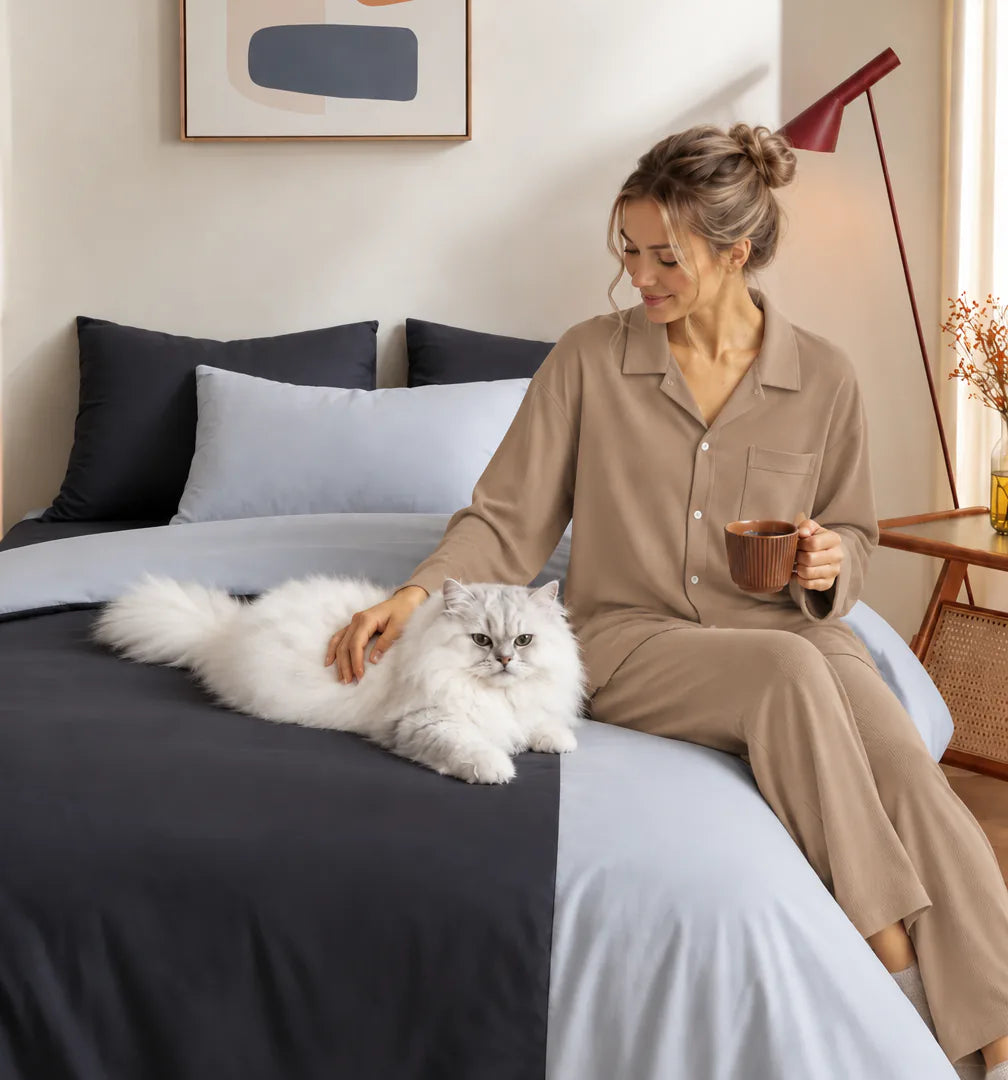 Cat owner sharing a calm morning on smooth bedding with her cat