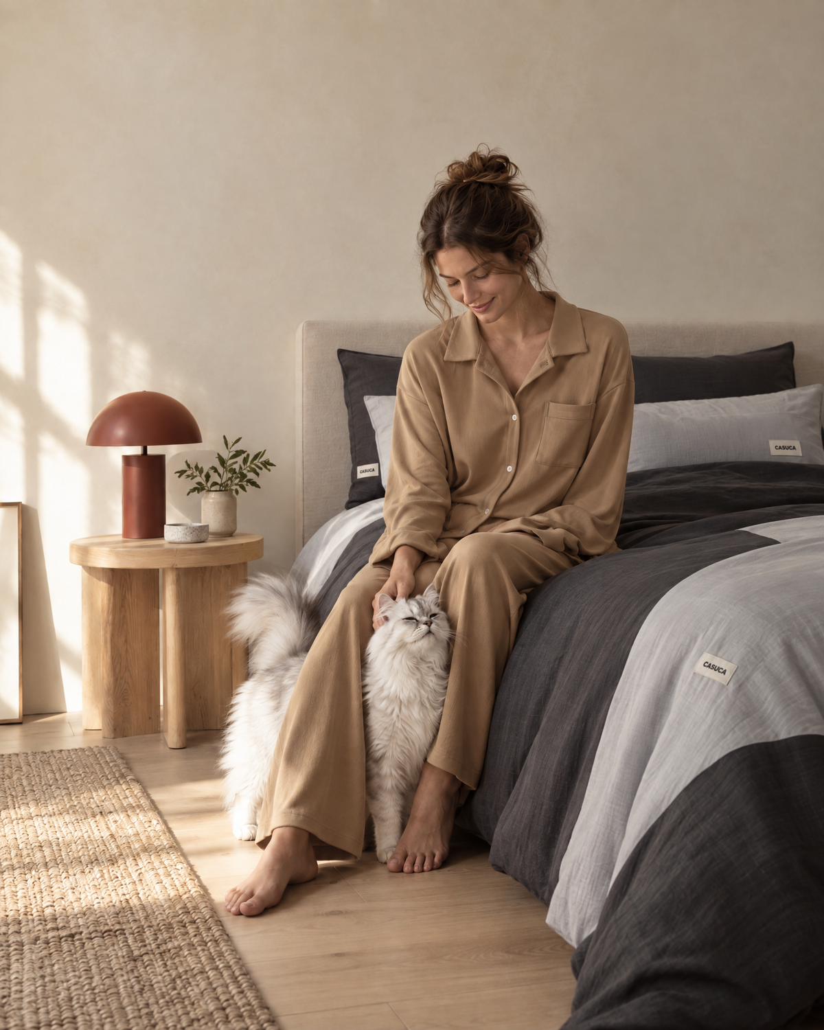 Woman in soft loungewear sitting beside her cat