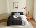 Blue Peecatboo pet-hair-resistant four-piece bedding set arranged on a styled bed