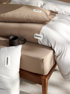 Pillow detail on the brown Peecatboo pet-hair-resistant four-piece bedding set