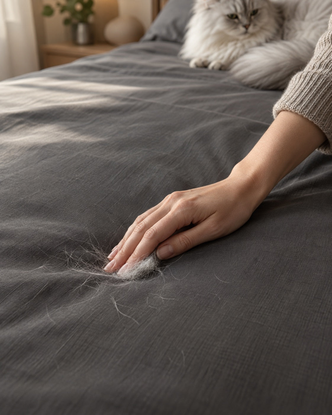 Loose cat hair being brushed from smooth bedding