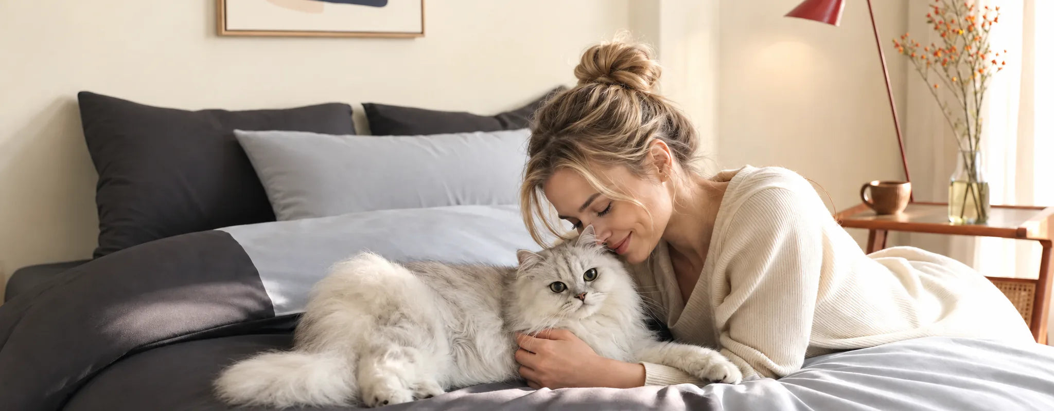 A woman sharing a calm morning in bed with her cat